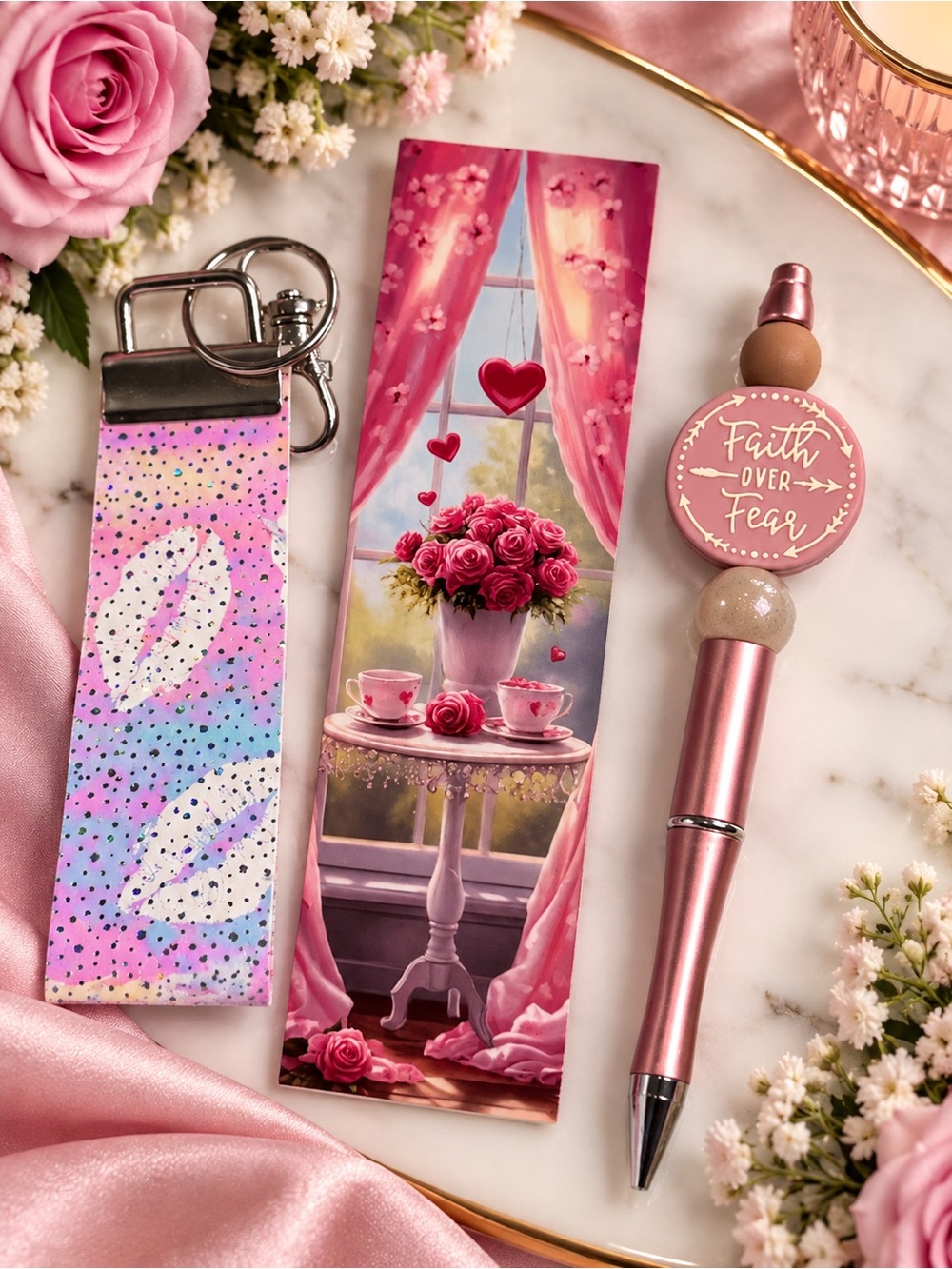 Pink 'Faith Over Fear' Pen & Floral Keychain